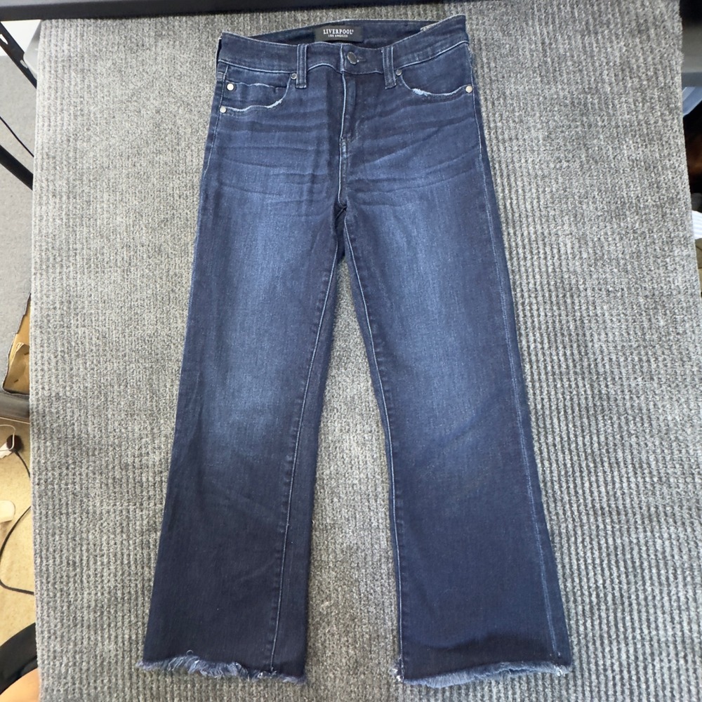 Liverpool Los Angeles Dark Wash Raw Hem Crop Flare Jeans Size 4 27